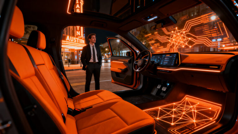 Tesla Cybercab sin volante en Austin, representando el futuro de la movilidad autónoma y la inteligencia artificial para startups.