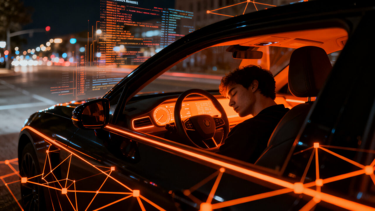 Silueta de conductor durmiendo en un coche autónomo en Austin, representando los riesgos y retos de la IA en Tesla FSD.