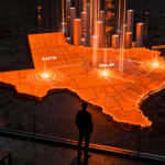 Líder empresarial analizando el mapa económico de Texas y su crecimiento en startups y negocios en EE.UU.