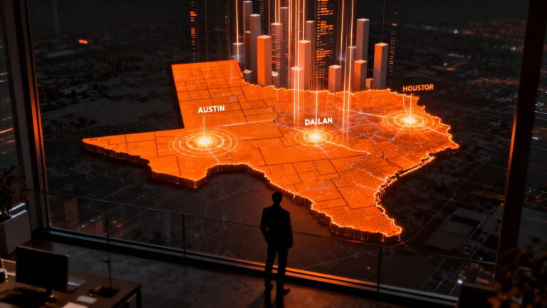 Líder empresarial analizando el mapa económico de Texas y su crecimiento en startups y negocios en EE.UU.