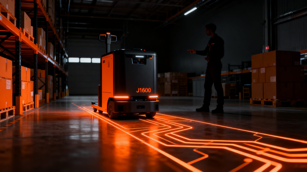 Transpaleta autónoma J1600 de The Mobile Robot Company en un almacén inteligente, representando la automatización logística premiada en los IFOY Awards 2026.