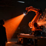Founder analizando un brazo robótico industrial de alta tecnología en una planta automatizada, simbolizando el éxito en la Serie A de Theker.
