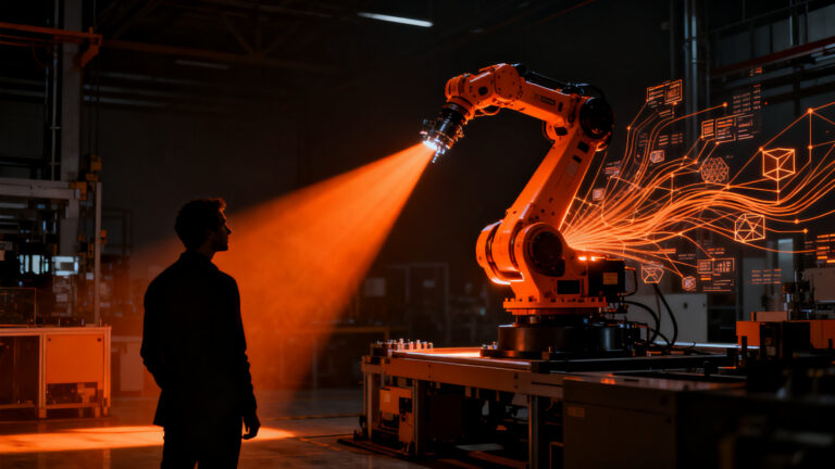 Founder analizando un brazo robótico industrial de alta tecnología en una planta automatizada, simbolizando el éxito en la Serie A de Theker.