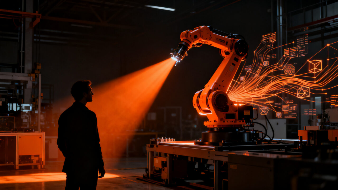 Founder analizando un brazo robótico industrial de alta tecnología en una planta automatizada, simbolizando el éxito en la Serie A de Theker.