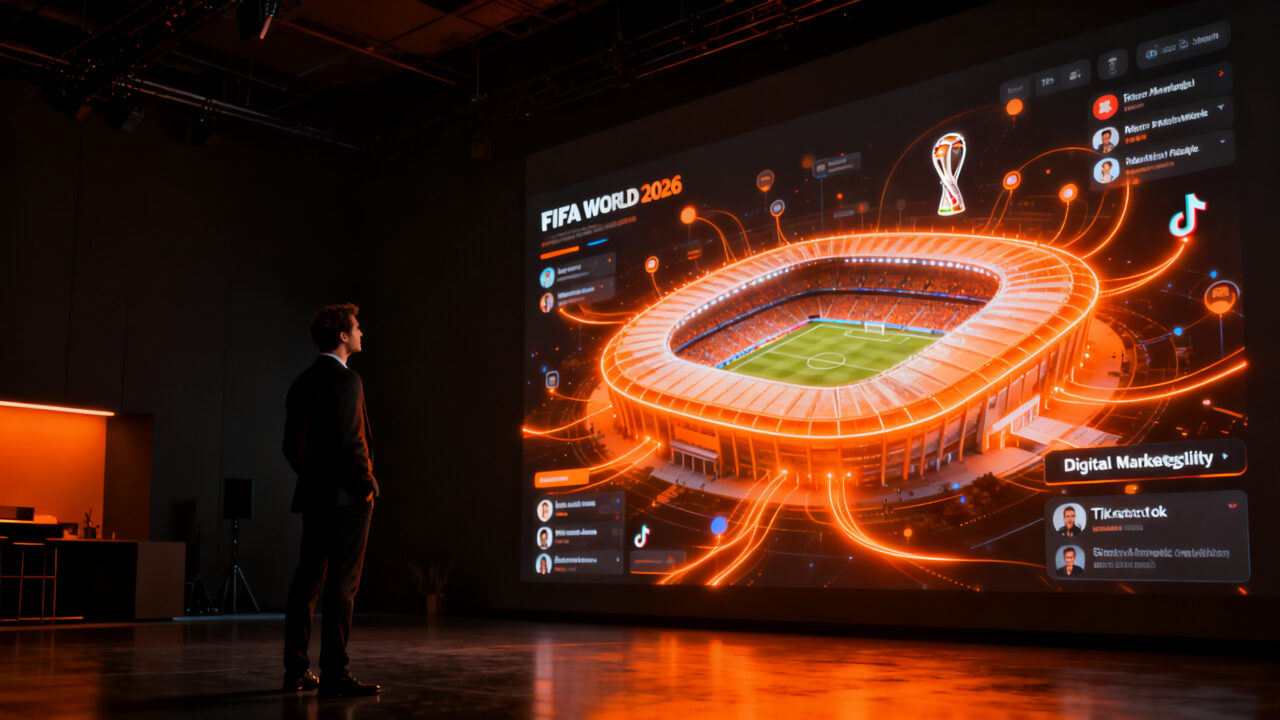 Emprendedor analizando datos del Mundial 2026 y TikTok, representando el impacto en marketing digital y creator economy.