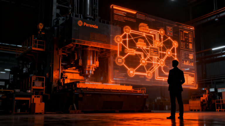 Empresario peruano supervisando paneles de control digital y automatización industrial en el sector minero y manufacturero, representando la transformación digital en Perú.