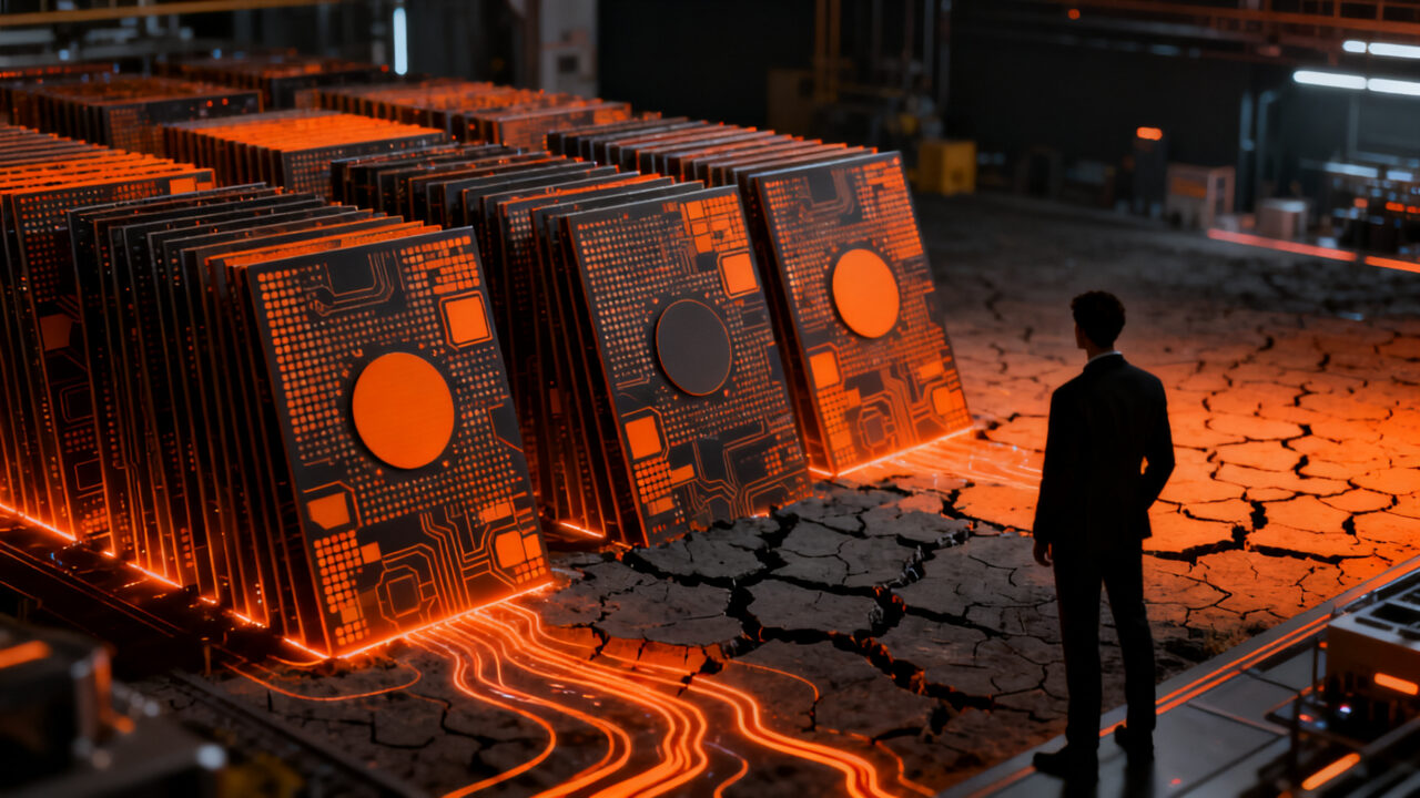 Crisis de suministro de semiconductores: silueta de experto analizando la escasez de agua en la fabricación de chips de 2nm.