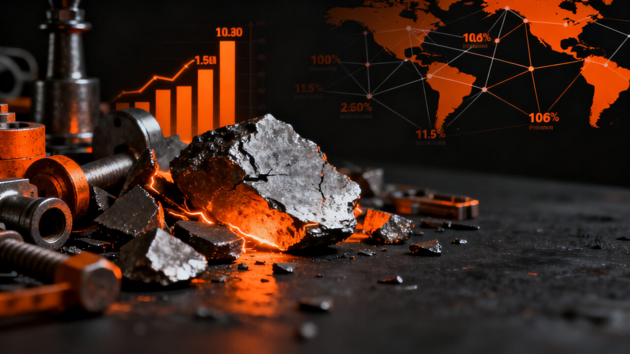Chatarra de tungsteno con iluminación naranja dramática, representando el aumento de precios y el riesgo en la cadena de suministro global de minerales críticos.