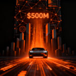 Vehículo autónomo futurista con flujos de datos naranjas representando la inversión de Uber en Nuro y alianzas estratégicas en deep tech
