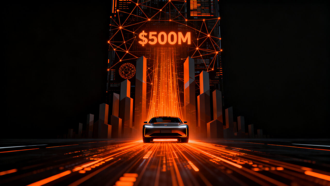 Vehículo autónomo futurista con flujos de datos naranjas representando la inversión de Uber en Nuro y alianzas estratégicas en deep tech