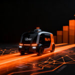 Robotaxi autónomo futurista con flujos de inversión naranja, representando la inversión de $500M de Uber en Nuro y el futuro de la movilidad autónoma.