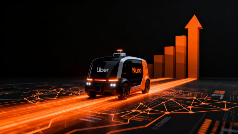 Robotaxi autónomo futurista con flujos de inversión naranja, representando la inversión de $500M de Uber en Nuro y el futuro de la movilidad autónoma.