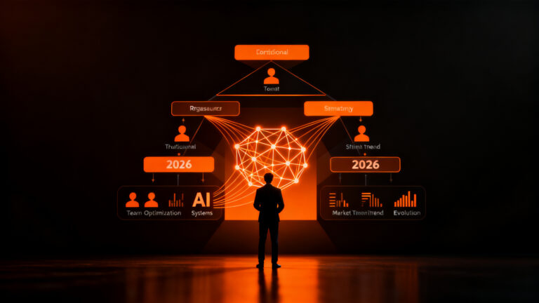 Founder observando reestructuración organizacional con integración de IA, representando la optimización de equipos y tendencias de layoffs en tecnología 2026.