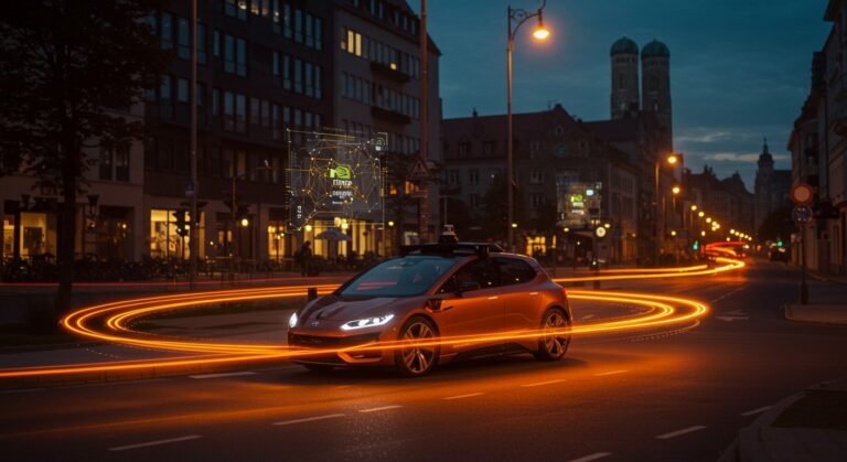 Robotaxi de Uber y Nvidia circulando en Múnich, representando el futuro de la conducción autónoma y la IA aplicada a la movilidad.