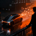 Robotaxi autónomo circulando por las calles de Londres, representando el futuro de la movilidad y la IA en startups.