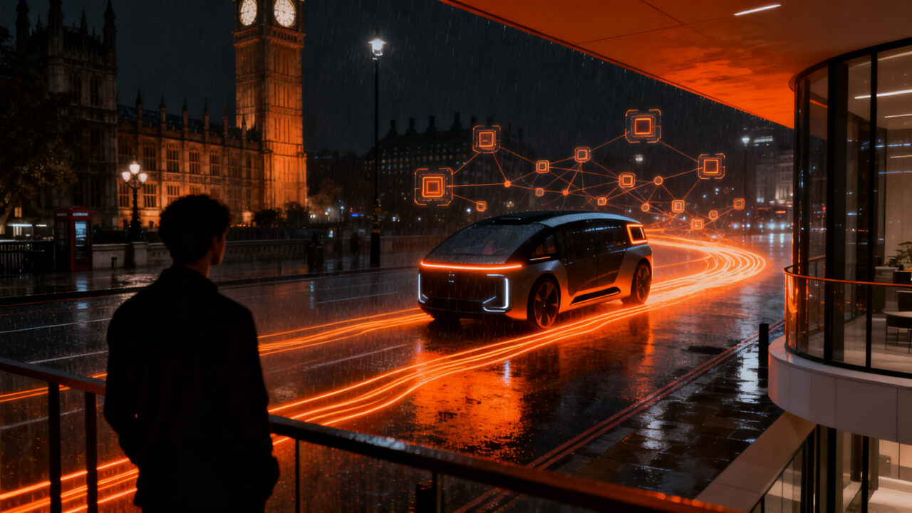 Robotaxis autónomos de Uber y Wayve circulando por las calles de Londres, representando el futuro de la movilidad urbana.