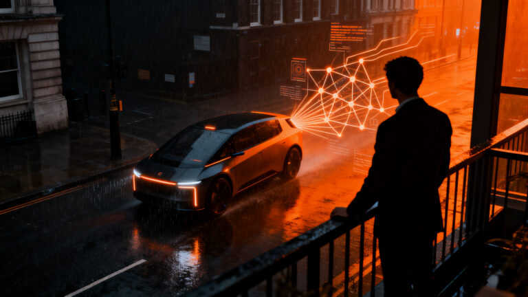 Robotaxi autónomo circulando por las calles de Londres, representando el futuro de la movilidad y la IA en startups.