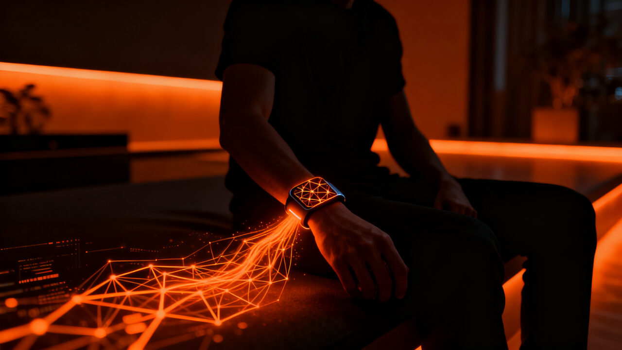 Asistente de IA proactiva en wearables monitoreando salud mental para prevenir crisis en sector HealthTech.