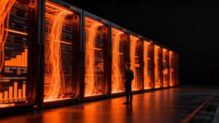 Founder de startup analizando centro de datos de IA, regulación energética de la UE y costes cloud en infraestructura tecnológica.