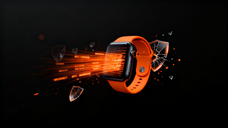 Smartwatch wearable con datos digitales filtrándose, representando el breach de seguridad de Ultrahuman y la importancia de la ciberseguridad en healthtech.