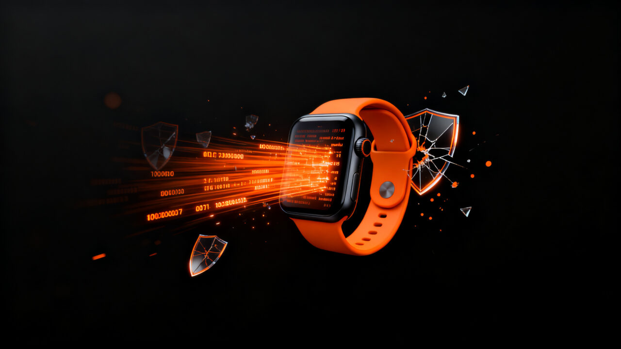 Smartwatch wearable con datos digitales filtrándose, representando el breach de seguridad de Ultrahuman y la importancia de la ciberseguridad en healthtech.