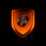 Dispositivo wearable protegido por escudo digital de seguridad, representando ciberseguridad en startups y protección de datos de wellness tras brecha Ultrahuman 2026.