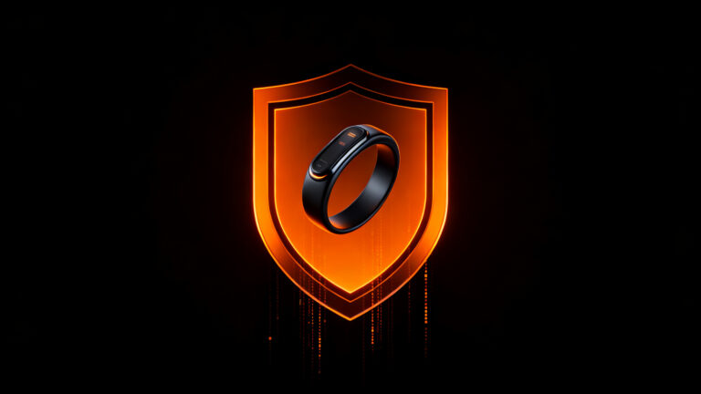 Dispositivo wearable protegido por escudo digital de seguridad, representando ciberseguridad en startups y protección de datos de wellness tras brecha Ultrahuman 2026.