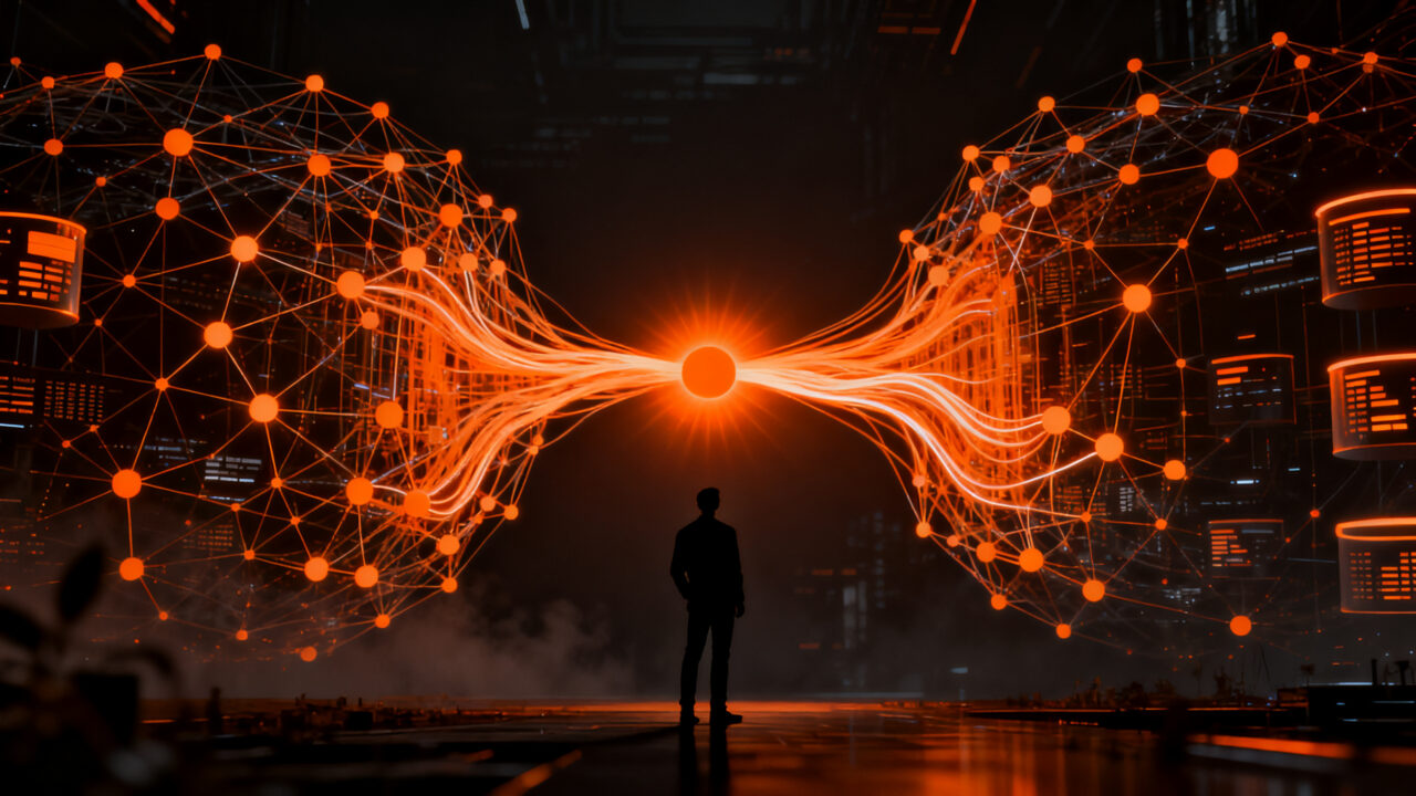 Un desarrollador interactuando con una red de datos interconectada, representando la interoperabilidad y el fin del vendor lock-in en agentes de IA mediante el Universal Memory Protocol.