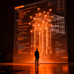Desarrollador trabajando con Unreal Engine 6 e IA generativa en un entorno futurista, simbolizando el futuro del desarrollo de videojuegos y startups.