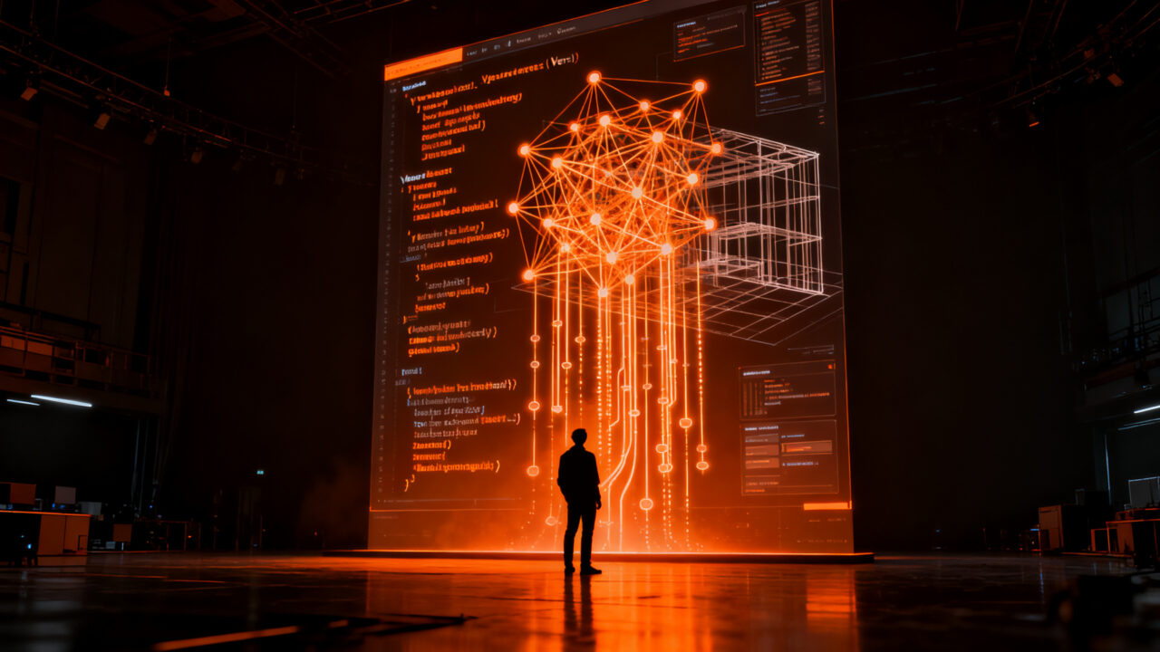 Desarrollador trabajando con Unreal Engine 6 e IA generativa en un entorno futurista, simbolizando el futuro del desarrollo de videojuegos y startups.