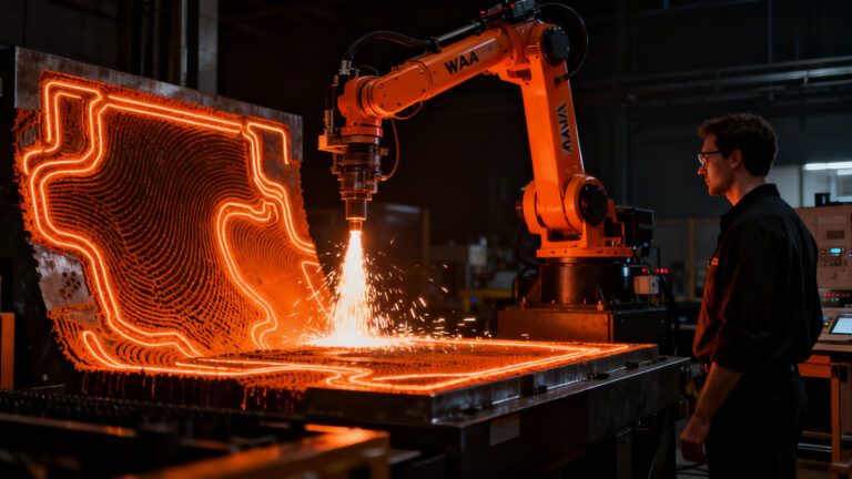 Líderes tecnológicos explorando el futuro de la soldadura robótica y manufactura avanzada en la industria 4.0.