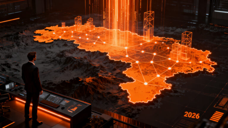 Emprendedor analizando un mapa digital de Venezuela con gráficos de crecimiento, representando oportunidades de inversión y el auge del ecosistema startup en 2026.