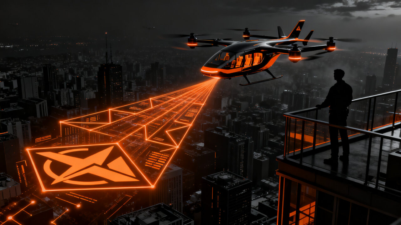 Prototipo de aerotaxi eVTOL sobrevolando una infraestructura urbana futurista, representando el futuro de la movilidad aérea avanzada y la certificación regulatoria.