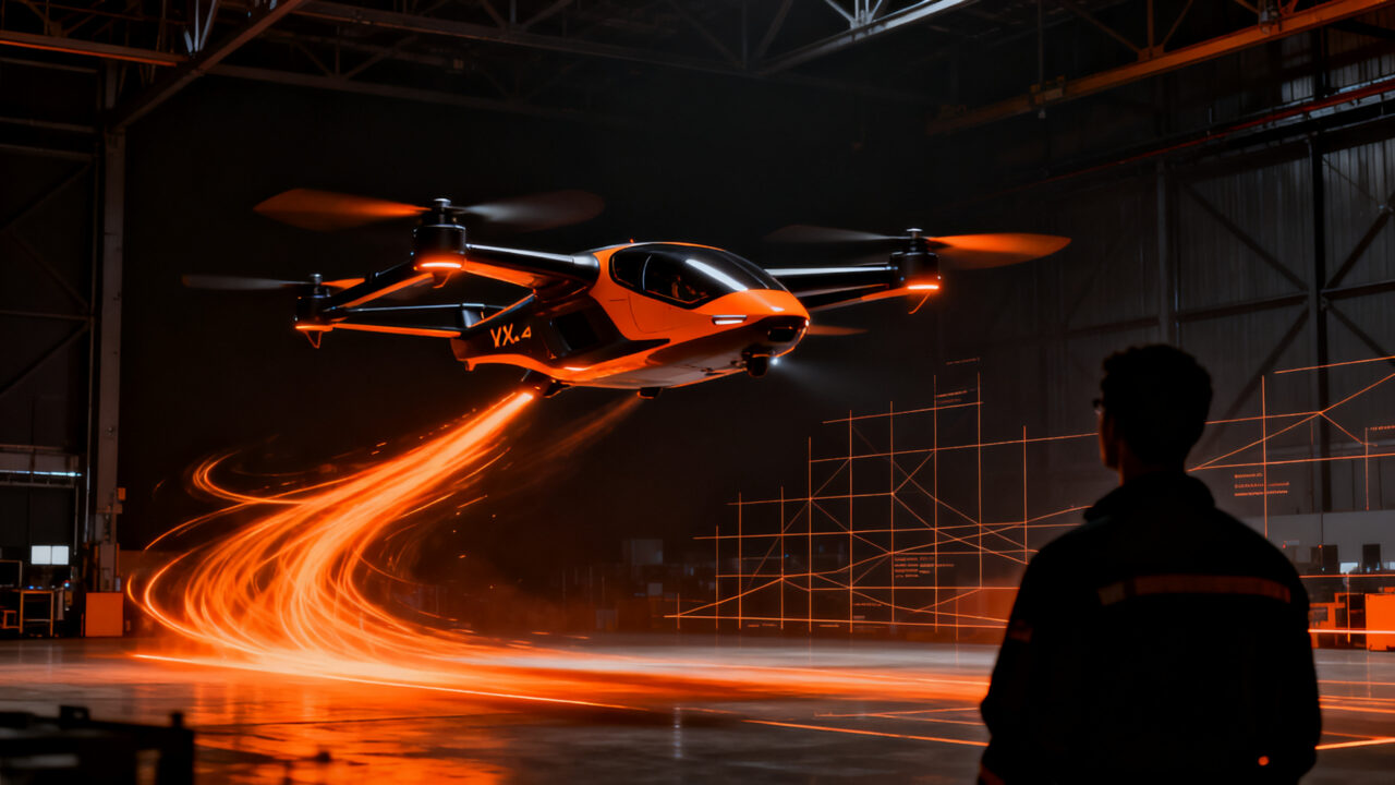 Prototipo eVTOL Vertical Aerospace VX4 en pruebas de vuelo para certificación 2028, representando el futuro de la movilidad aérea urbana y hardware tech.