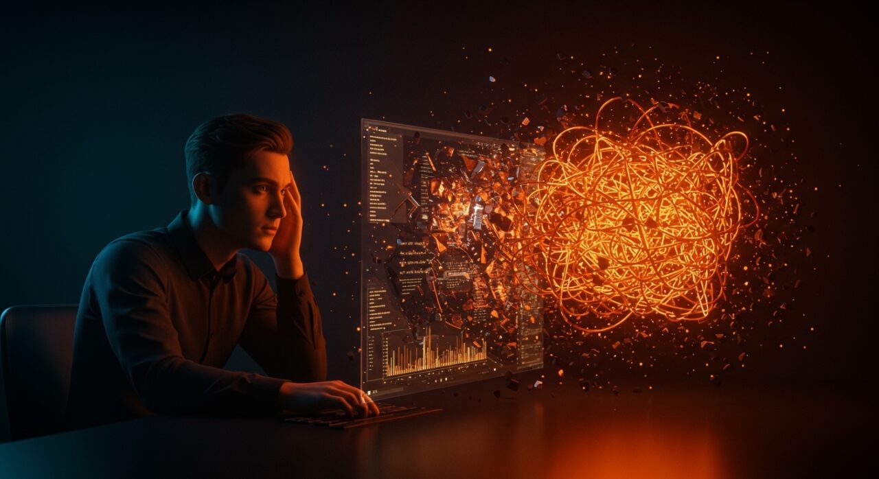 Concepto de vibe coding y deuda técnica en startups, representando los riesgos del desarrollo acelerado con IA agentica.