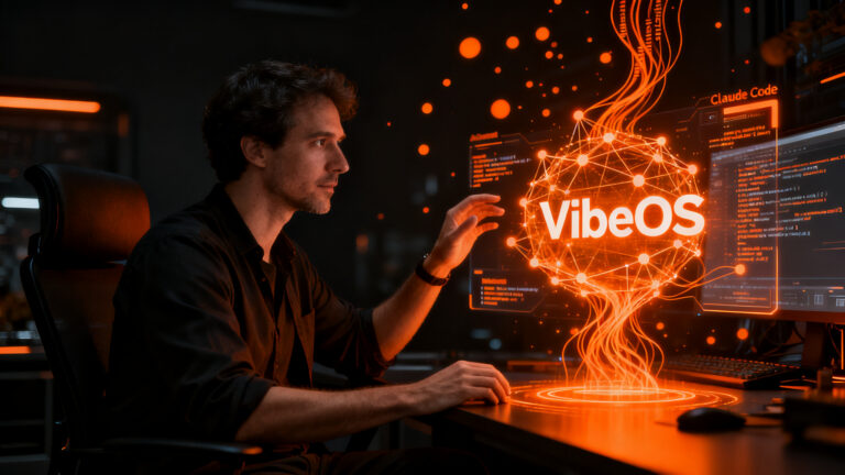 Desarrollador trabajando con VibeOS, el primer sistema operativo nativo de IA para automatización de software.