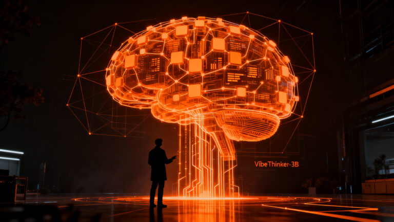 Representación visual de VibeThinker-3B, un modelo de IA compacto y eficiente desafiando a gigantes tecnológicos mediante razonamiento avanzado.
