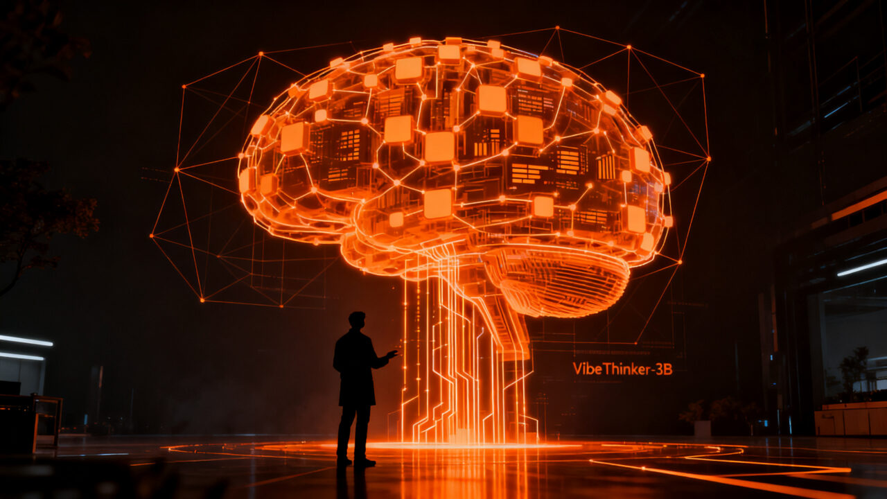 Representación visual de VibeThinker-3B, un modelo de IA compacto y eficiente desafiando a gigantes tecnológicos mediante razonamiento avanzado.