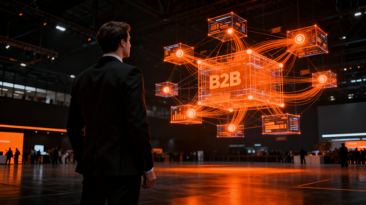 Emprendedor analizando redes de IA empresarial en VivaTech 2026, representando el auge de las startups B2B europeas.