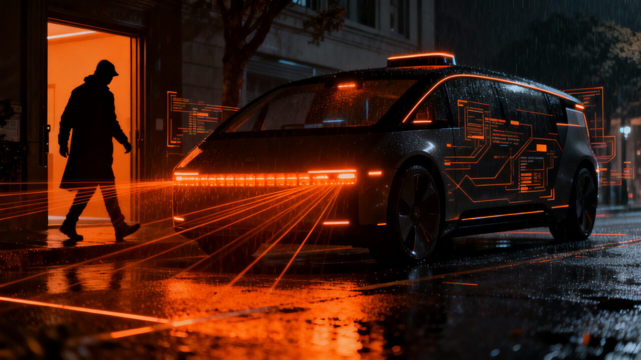 Un robotaxi autónomo en una calle oscura de San Francisco, simbolizando los retos de privacidad y regulación en la IA aplicada a la movilidad.