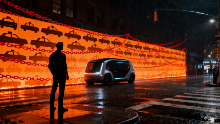 Waymo enfrentando barreras regulatorias y la resistencia del lobby de taxis en Nueva York, simbolizando los retos de expansión de startups.