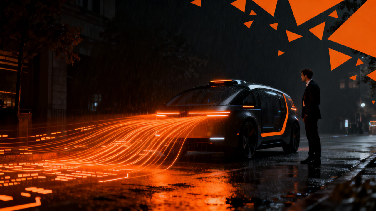 Robotaxi autónomo en un entorno urbano nocturno representando los desafíos de privacidad y regulación tecnológica en la movilidad autónoma.