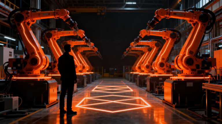 Representación visual de automatización industrial e Industria 4.0, destacando la conexión entre tecnología IoT y crecimiento empresarial en el sector de hardware.