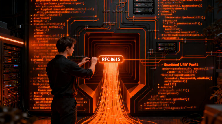 Arquitecto de software configurando una red de conexiones digitales, representando la implementación técnica de Well-Known URIs y RFC 8615 en startups.