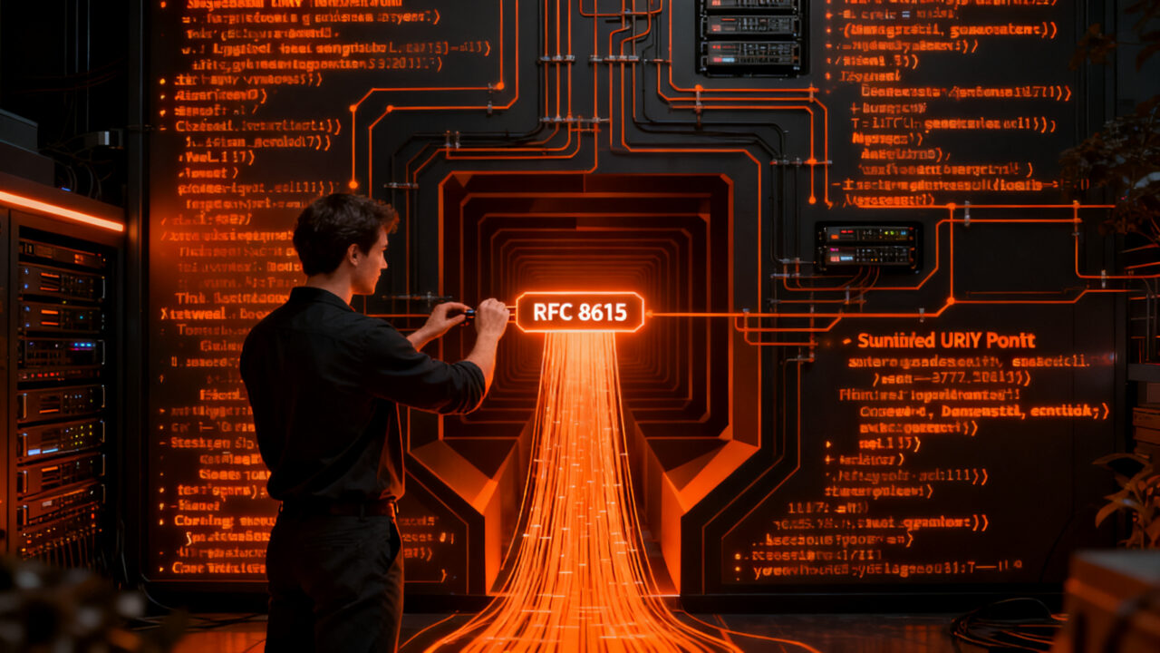 Arquitecto de software configurando una red de conexiones digitales, representando la implementación técnica de Well-Known URIs y RFC 8615 en startups.