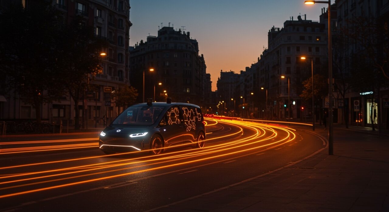 Robotaxis autónomos de WeRide y Uber circulando por las calles de Madrid, representando el futuro de la movilidad urbana y la tecnología de vehículos sin conductor.