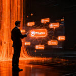 Un profesional de negocios gestionando identidades digitales en un entorno tecnológico, representando la implementación de nombres de usuario en WhatsApp Business 2026.