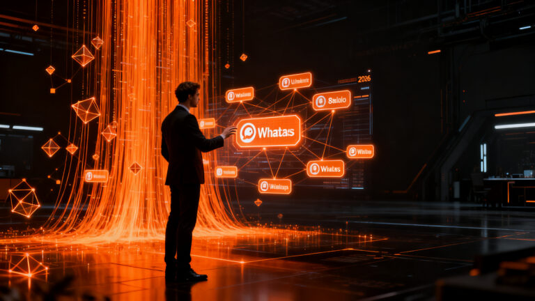 Un profesional de negocios gestionando identidades digitales en un entorno tecnológico, representando la implementación de nombres de usuario en WhatsApp Business 2026.