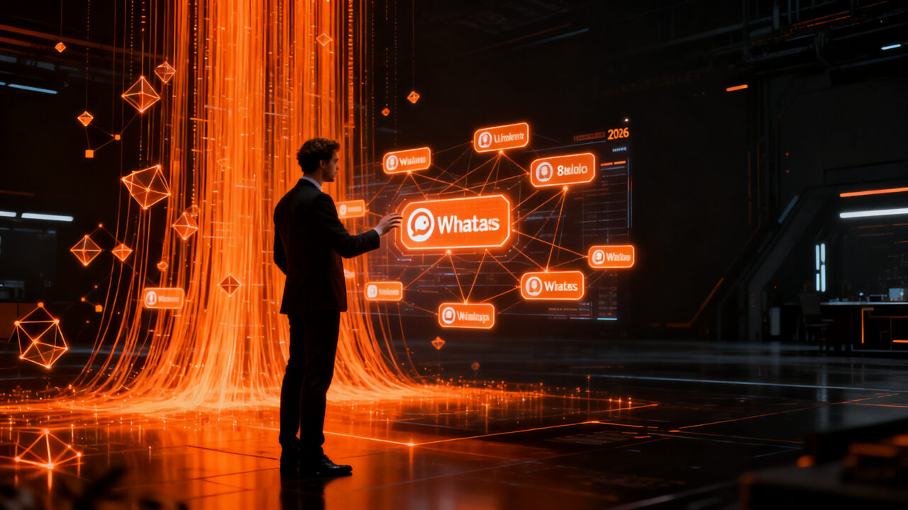 Un profesional de negocios gestionando identidades digitales en un entorno tecnológico, representando la implementación de nombres de usuario en WhatsApp Business 2026.