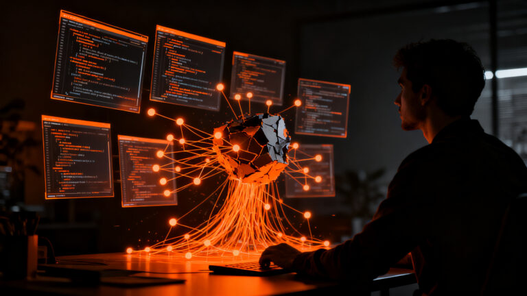 Desarrollador trabajando en una terminal minimalista frente a una arquitectura de código complejo, simbolizando la migración a Linux desde Windows.